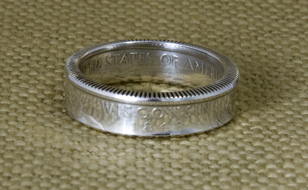 2004 US State Quarter Dollar 3D Coin Ring Double Sided WI Wisconsin Statehood 13 Year Anniversary Gift Wedding Band 90% Silver Sizes 3-11